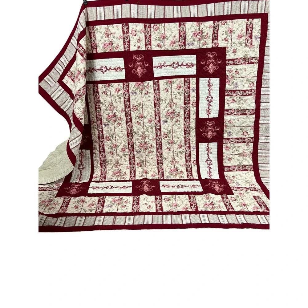 Vintage King Quilt Red Floral Stripe Shabby Chic French Country Bedding 100x90